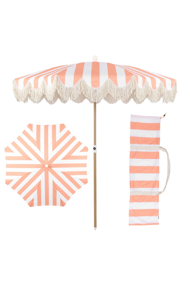Mariner Coastal Round Outdoor Beach Umbrella with Fringe Trim, Push-Button Tilt, UV 50 Canopy and Wood-Finish Pole, Main, color, Coral Pink - Light Brown Pole