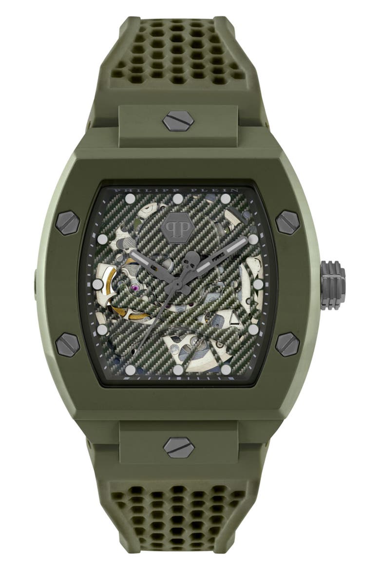 The $keleton Ecoceramic Automatic Silicone Strap Watch, Main, color, GREEN