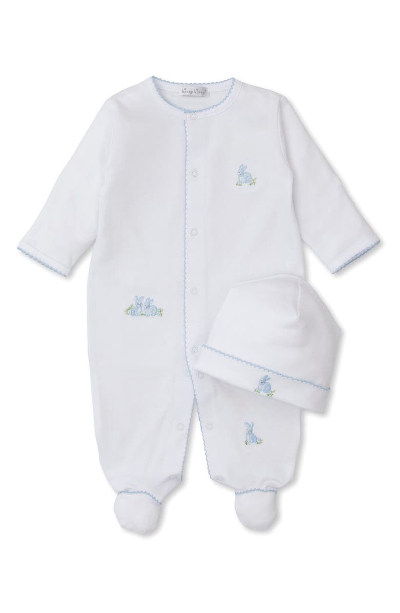 Kissy Kissy Bunny Embroidered Pima Cotton Footie & Hat Set, Main, color, 