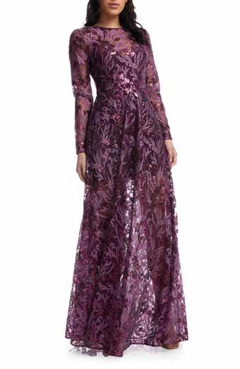 Dress the Population Ava Sequin Floral Long Sleeve A-Line Gown