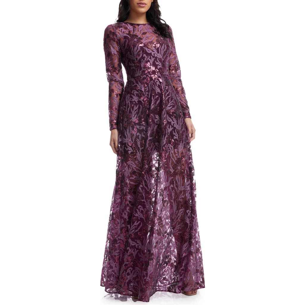 DRESS THE POPULATION DRESS THE POPULATION AVA SEQUIN FLORAL LONG SLEEVE A-LINE GOWN