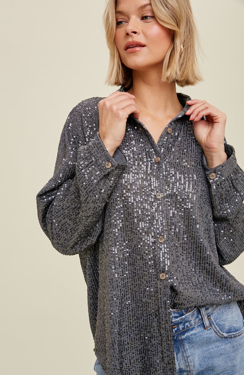 WISHLIST Sequin Button-Up Blouse, Alternate, color, Grey