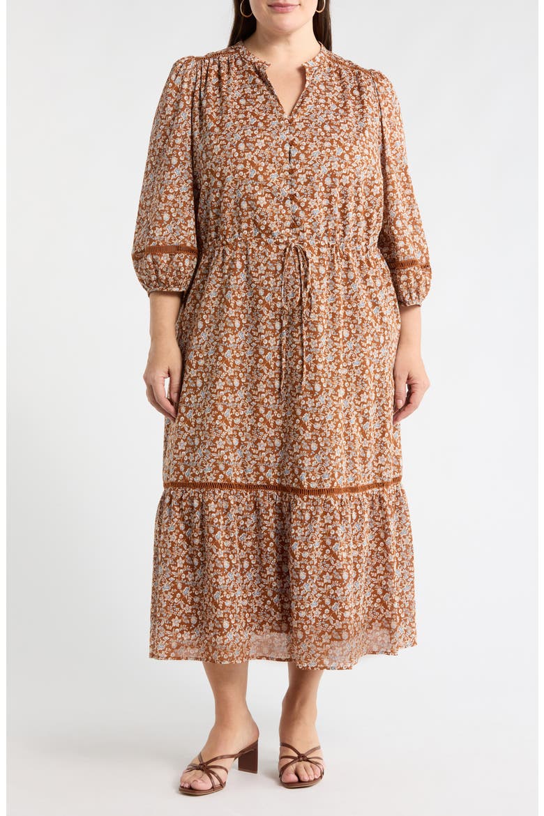 Ramsey Ditsy Harmy Drawstring Waist Midi Dress, Main, color, BROWN-MULT