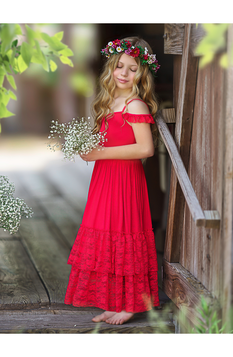 Mia Belle Girls Ruby Red Tiered Lace Ruffle Maxi Dress, Alternate, color, 