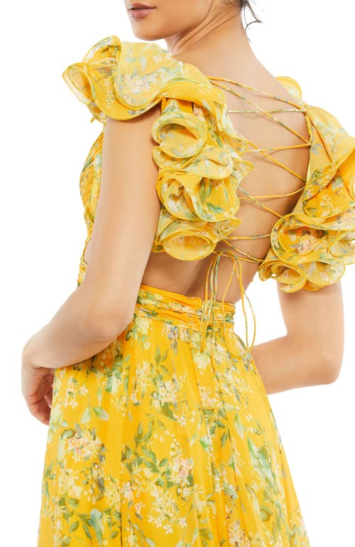 Mac Duggal Floral Chiffon Cutout Ballgown In Lemon Multi