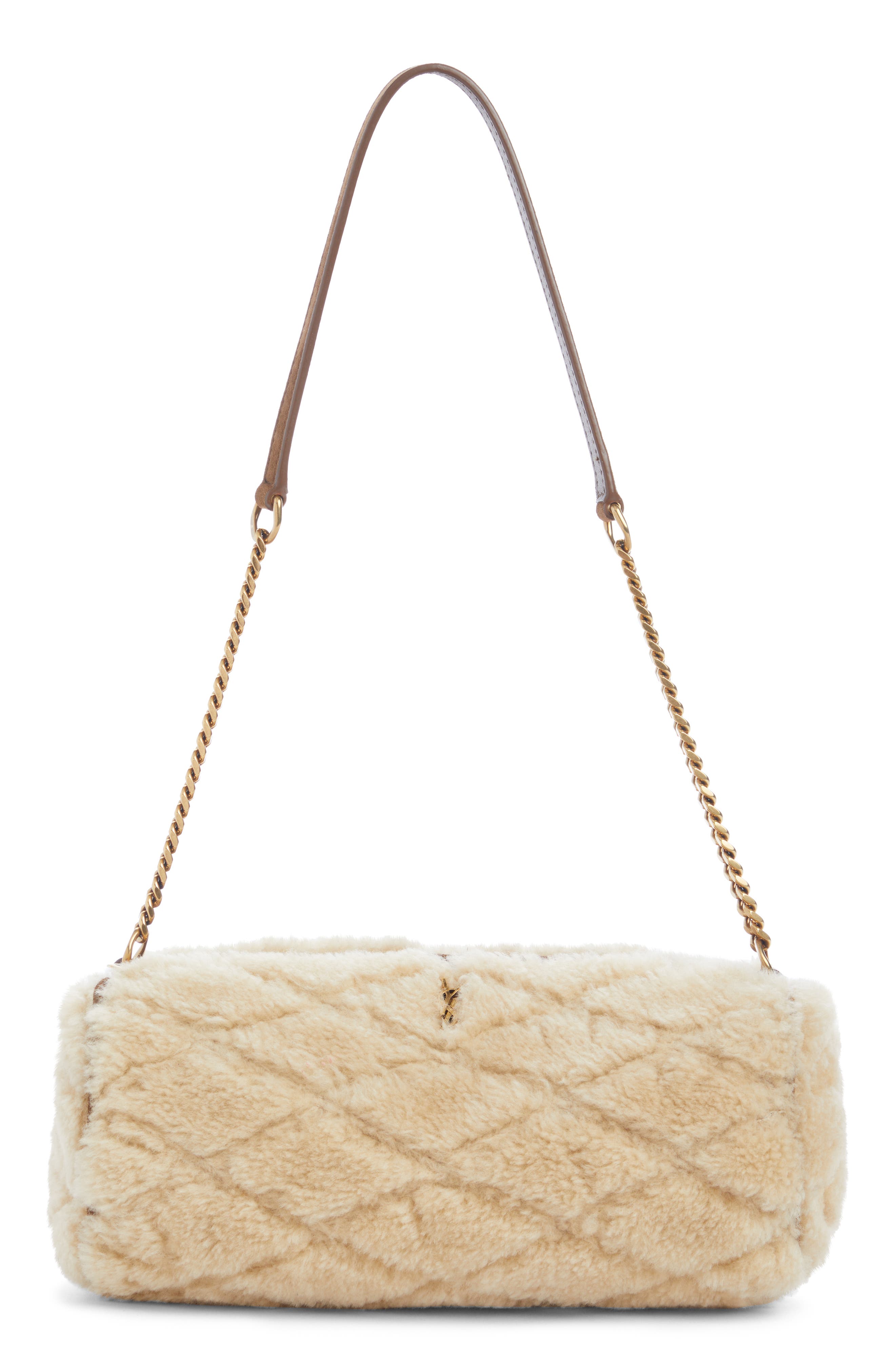 Saint Laurent Small Sade Quilted Genuine Shearling Tube Bag, Main, color, Natural Beige/ Dark Cigar