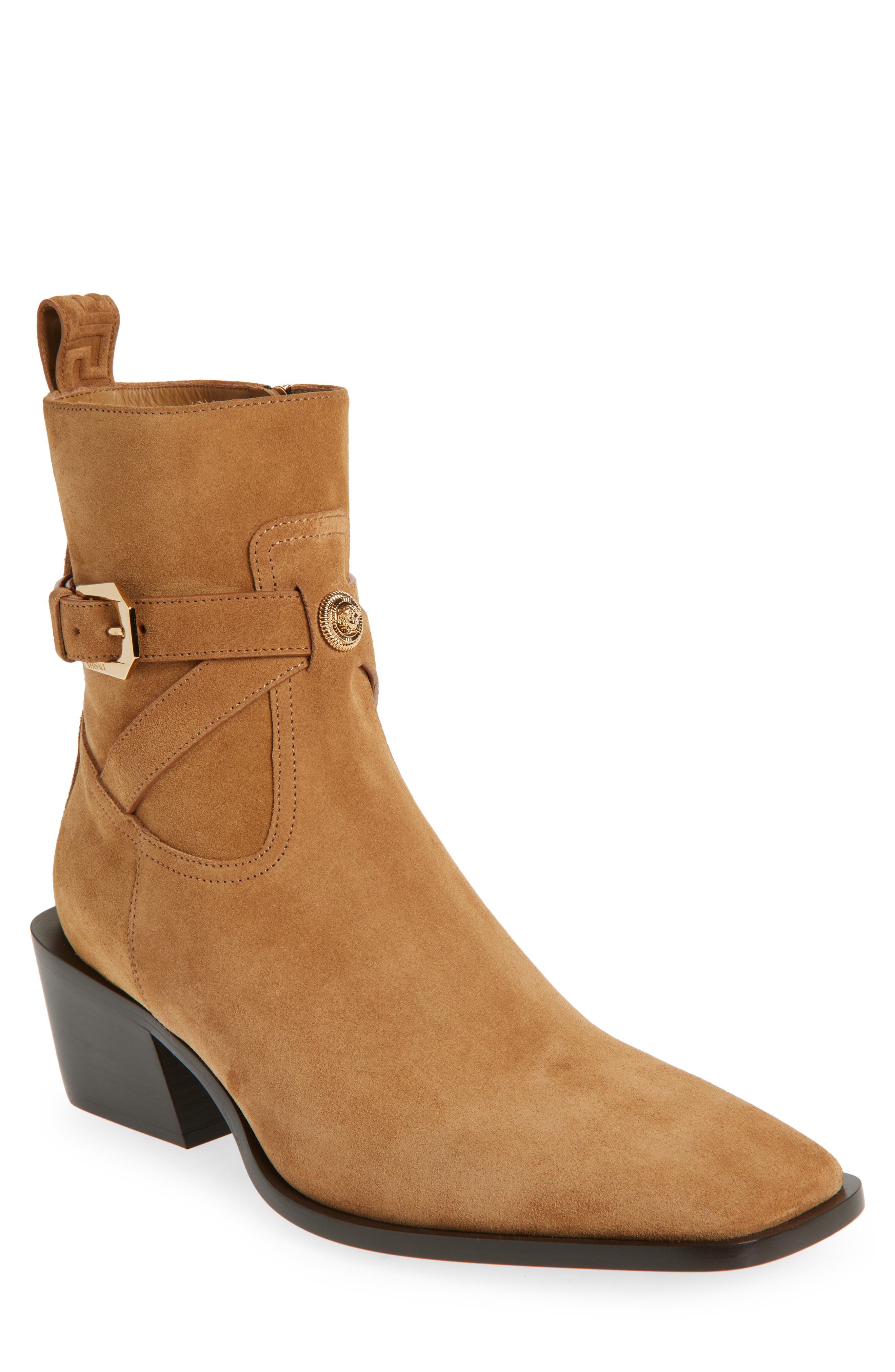 Versace Square Toe Boot, Main, color, Tobacco-Versace Gold