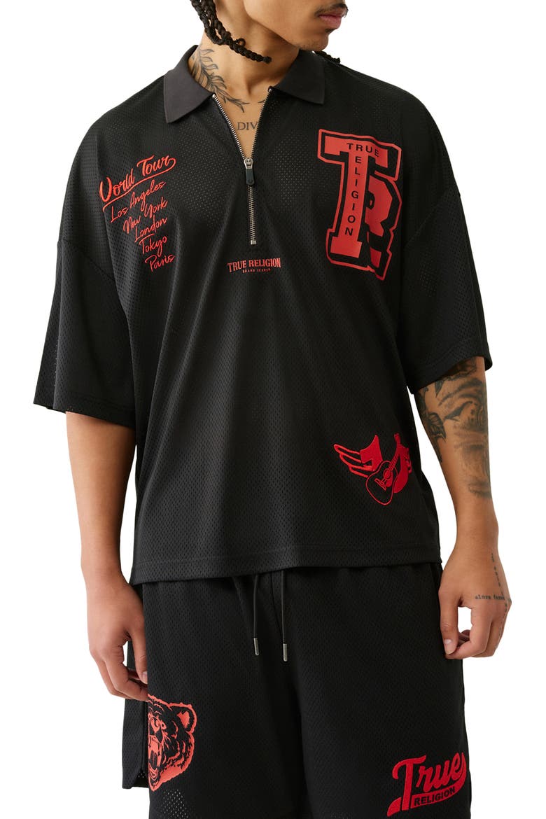 Mesh Graphic Quarter Zip Polo, Main, color, JET BLACK