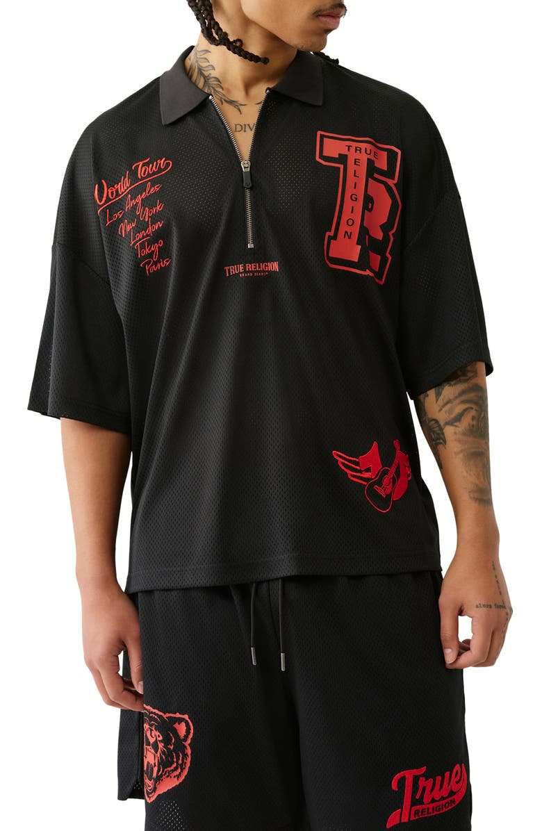 True Religion Mesh Graphic Quarter Zip Polo, Main, color, Jet Black
