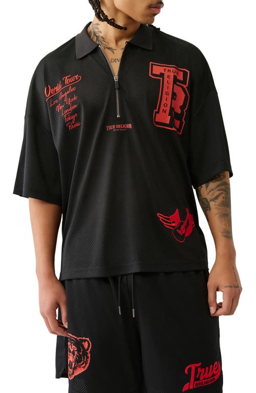 True Religion Mesh Graphic Quarter Zip Polo In Black