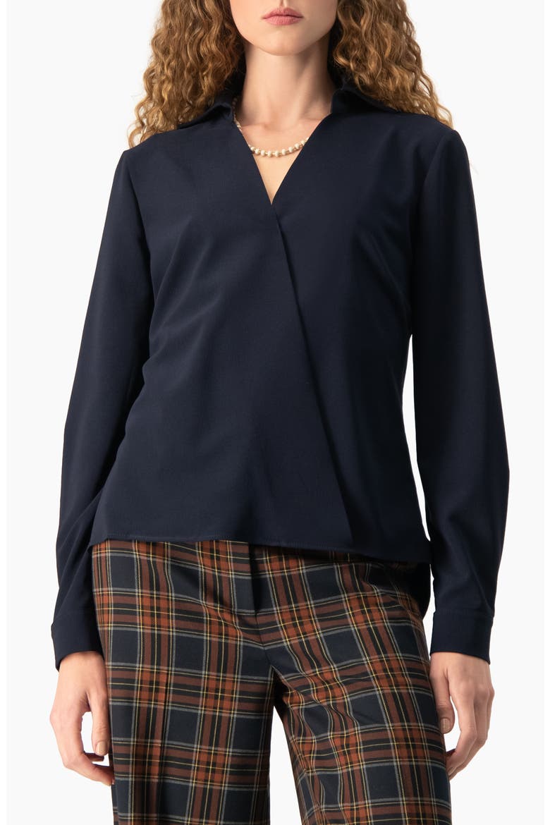 V-Neck Wrap Blouse with Barrel Cuffs, Main, color, Navy Blue