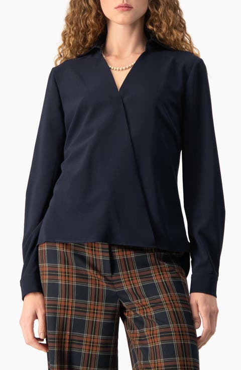 V-Neck Wrap Blouse with Barrel Cuffs