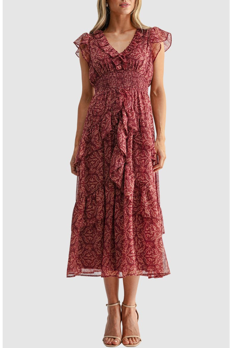 Flutter Sleeve Frill Maxi Dress, Main, color, BURGUNDY BLUSH