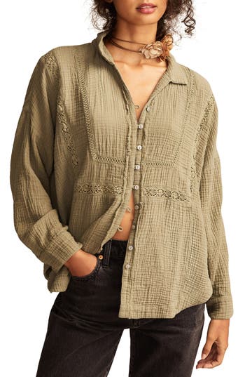 Lucky Brand Lace Inset Cotton Gauze Button-up Shirt In Green