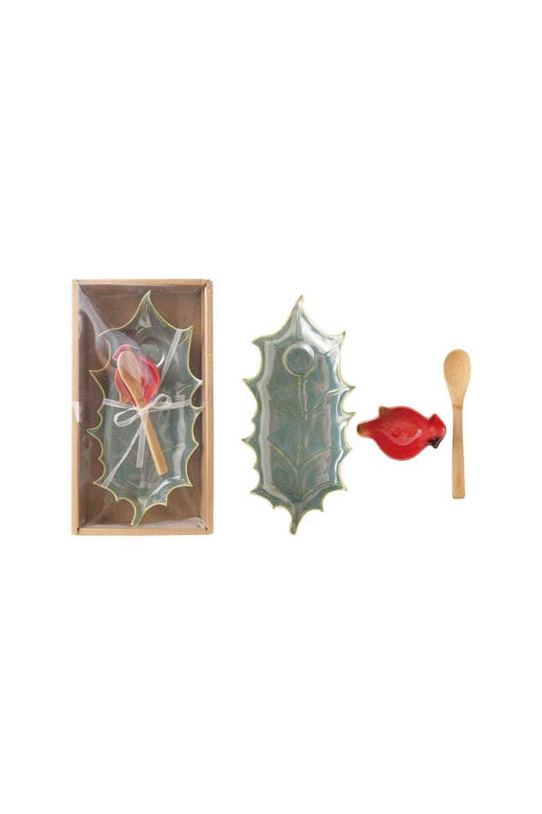 Stoneware Holly Leaf Shaped Plate with Cardinal Shaped Dish and Spoon, Main, color, Green, Red and Brown