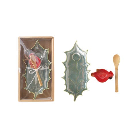 Stoneware Holly Leaf Shaped Plate with Cardinal Shaped Dish and Spoon
