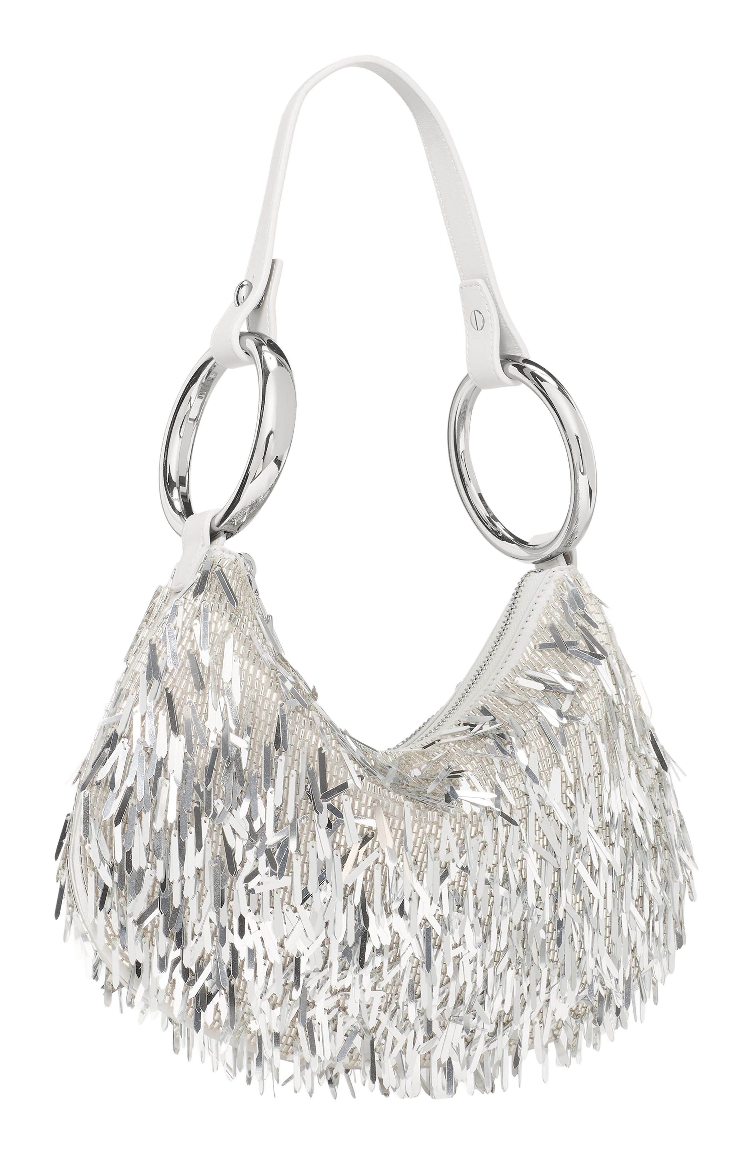 the bangle metallic fringe shoulder bag, Alternate, color, SILVER