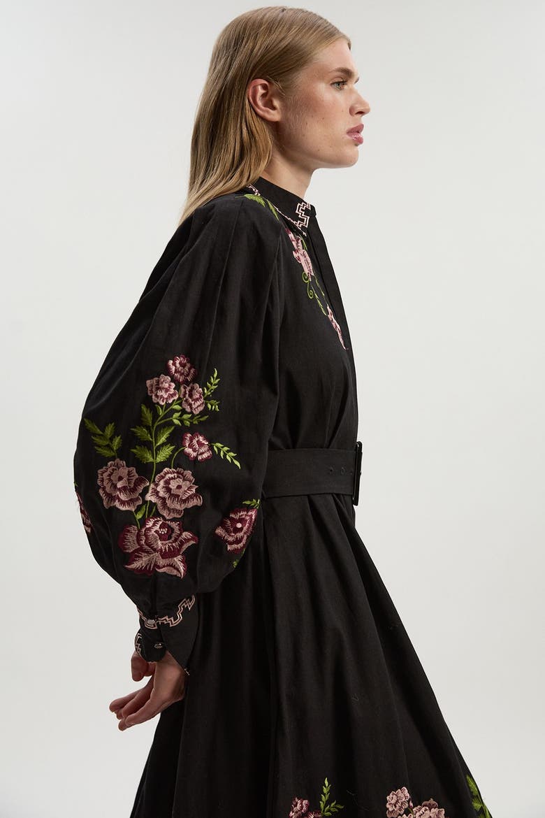 Rose Embroidered Cotton Shirt Dress, Alternate, color, Black