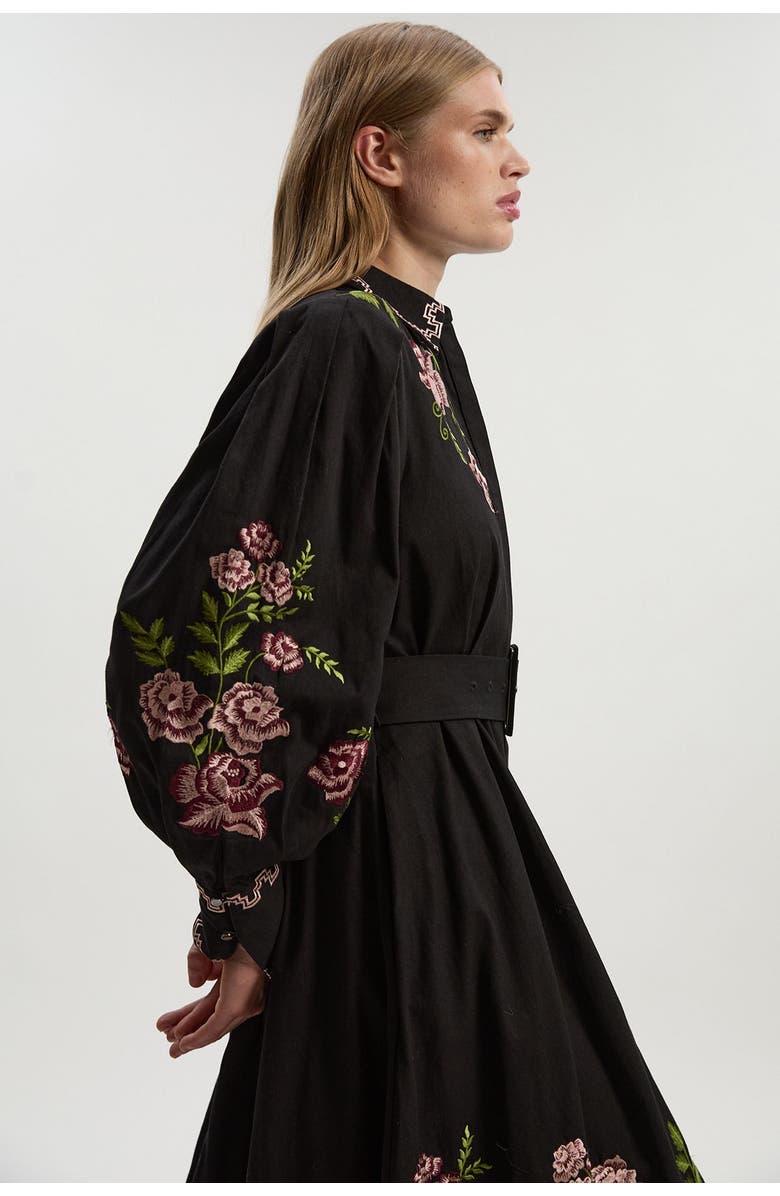 Karen Millen Rose Embroidered Cotton Shirt Dress, Alternate, color, Black