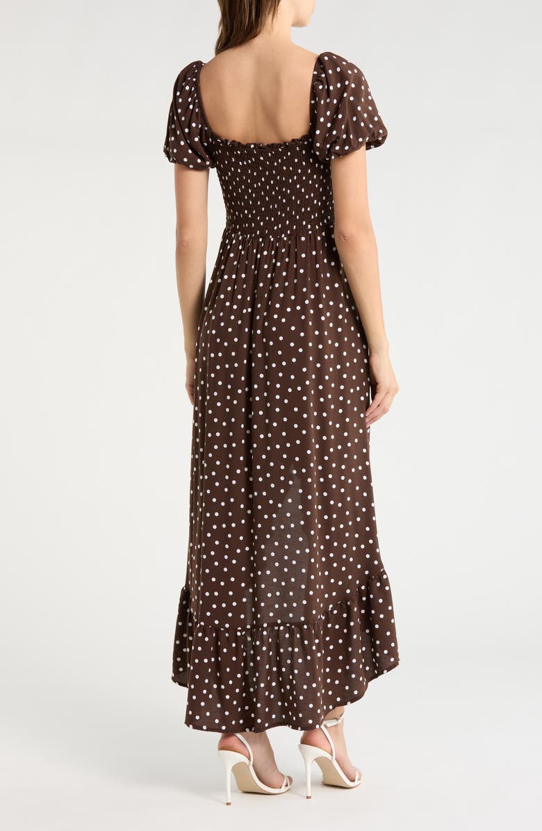 Madden Girl Smocked Puff Sleeve High-Low Midi Dress, Alternate, color, Mocha Combo