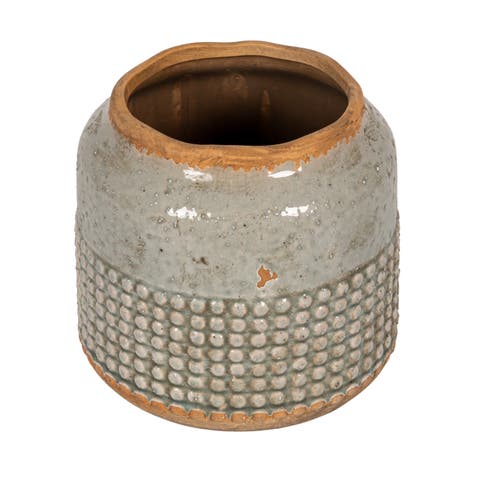 Round Terra-cotta Hobnail Planter Vase with Heavily Distressed Finish, Grey