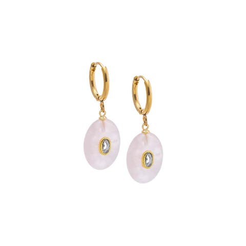 Oval Charm Bezel Natural Stone Drop huggie Earrings