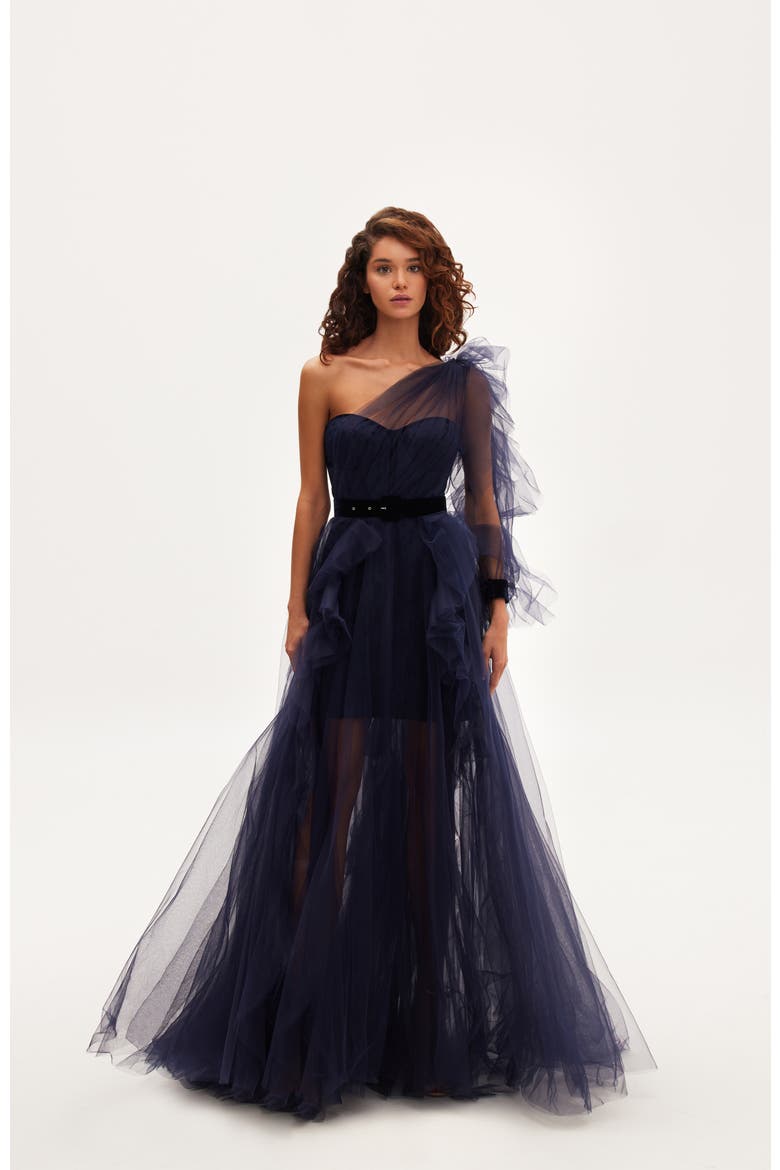 Royal Navy Tulle Gown With Detachable Sleeve, Alternate, color, Navy