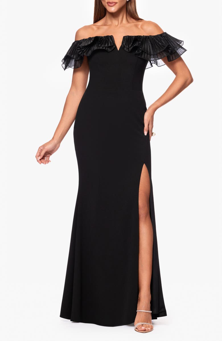 Xscape Evenings Off the Shoulder Organza & Scuba Crepe Gown, Main, color, 