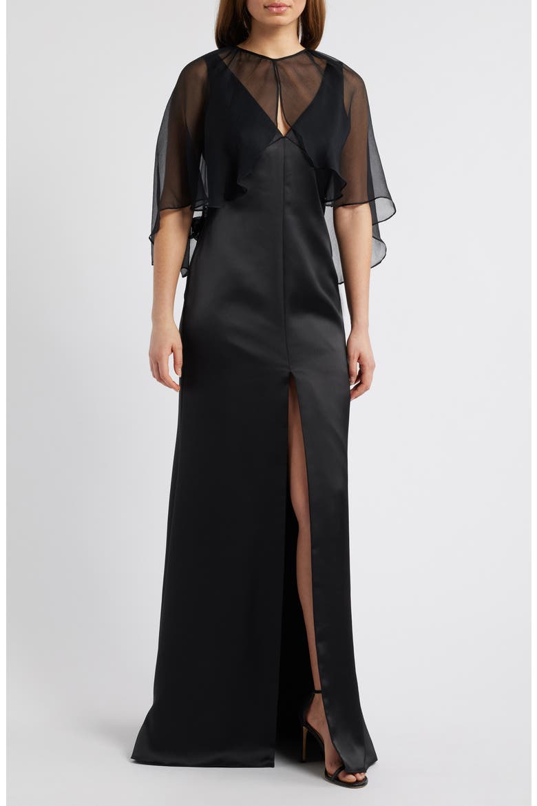 Sleeveless Satin Trumpet Gown with Silk Cape, Main, color, BLACK