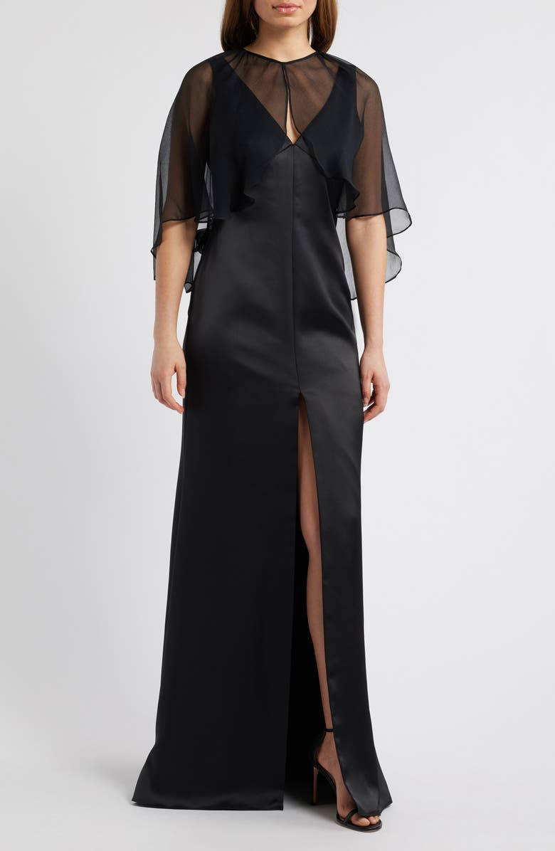 Amsale Sleeveless Satin Trumpet Gown with Silk Cape, Main, color, Black