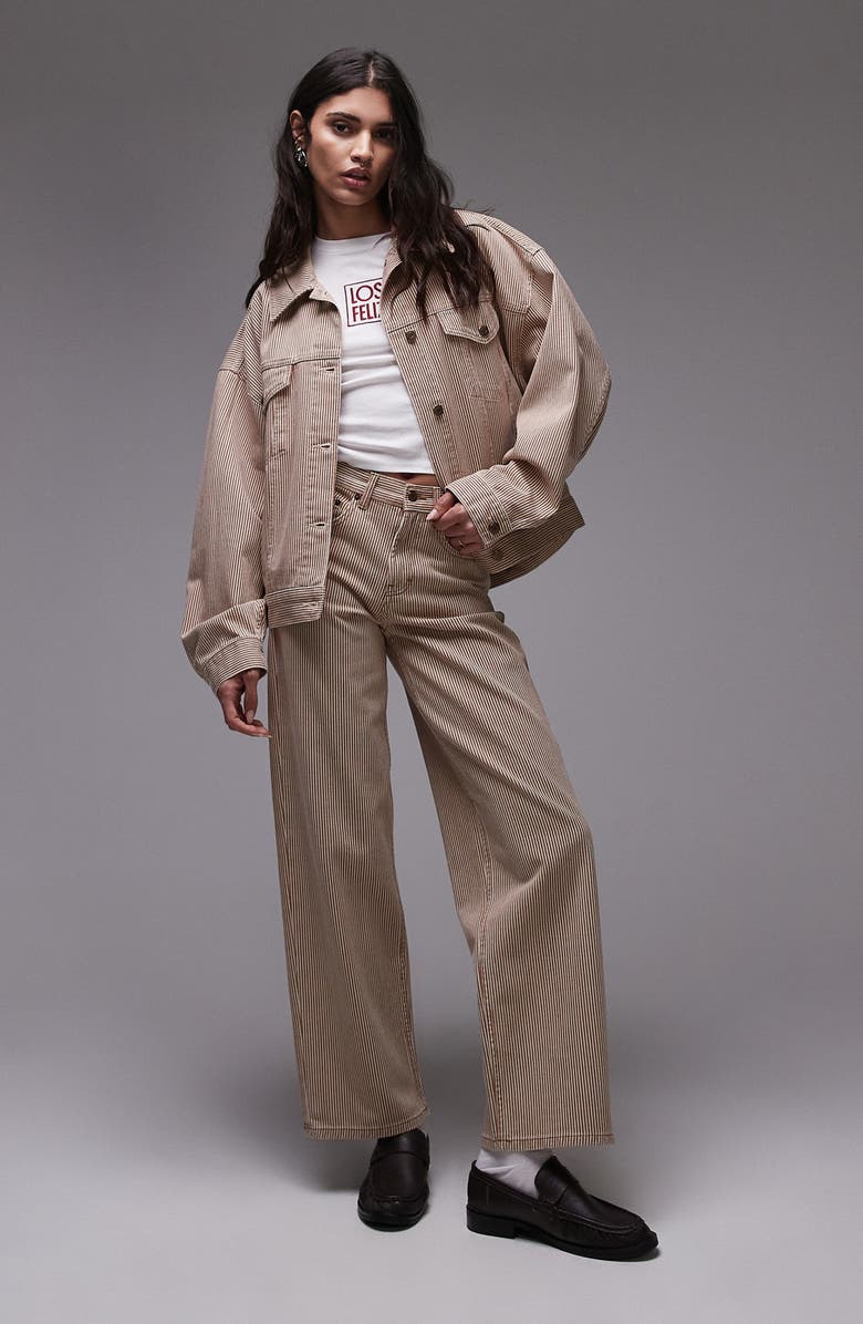 Topshop Stripe Denim Balloon Sleeve Jacket, Alternate, color, Rust Multi