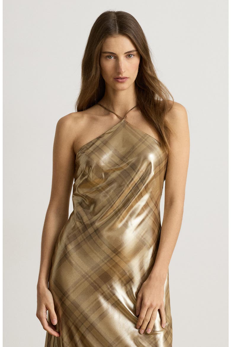 Plaid Metallic Chiffon Halter Neck Gown, Alternate, color, BROWN/ CAMEL MULTI