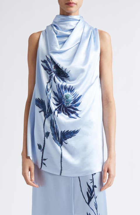 Sleary Floral Draped Silk Satin Top