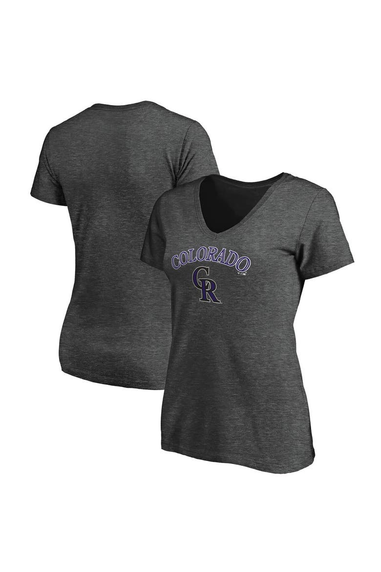 Women's Fanatics Branded Heathered Charcoal Colorado Rockies Team Logo Lockup V-Neck T-Shirt, Main, color, Heather Charcoal