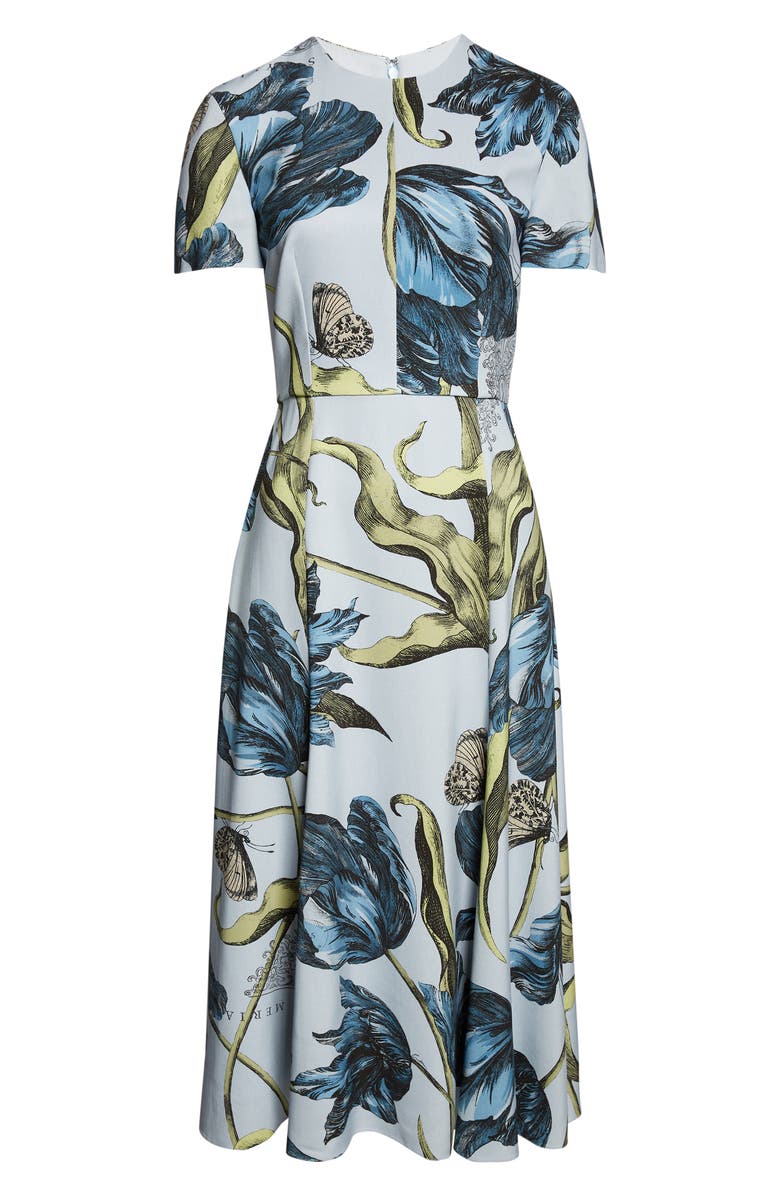 Erdem Etched Tulip Print Stretch Cady A-Line Midi Dress, Alternate, color, Etched Tulip Powder Blue