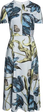 Erdem Etched Tulip Print Stretch Cady A-Line Midi Dress