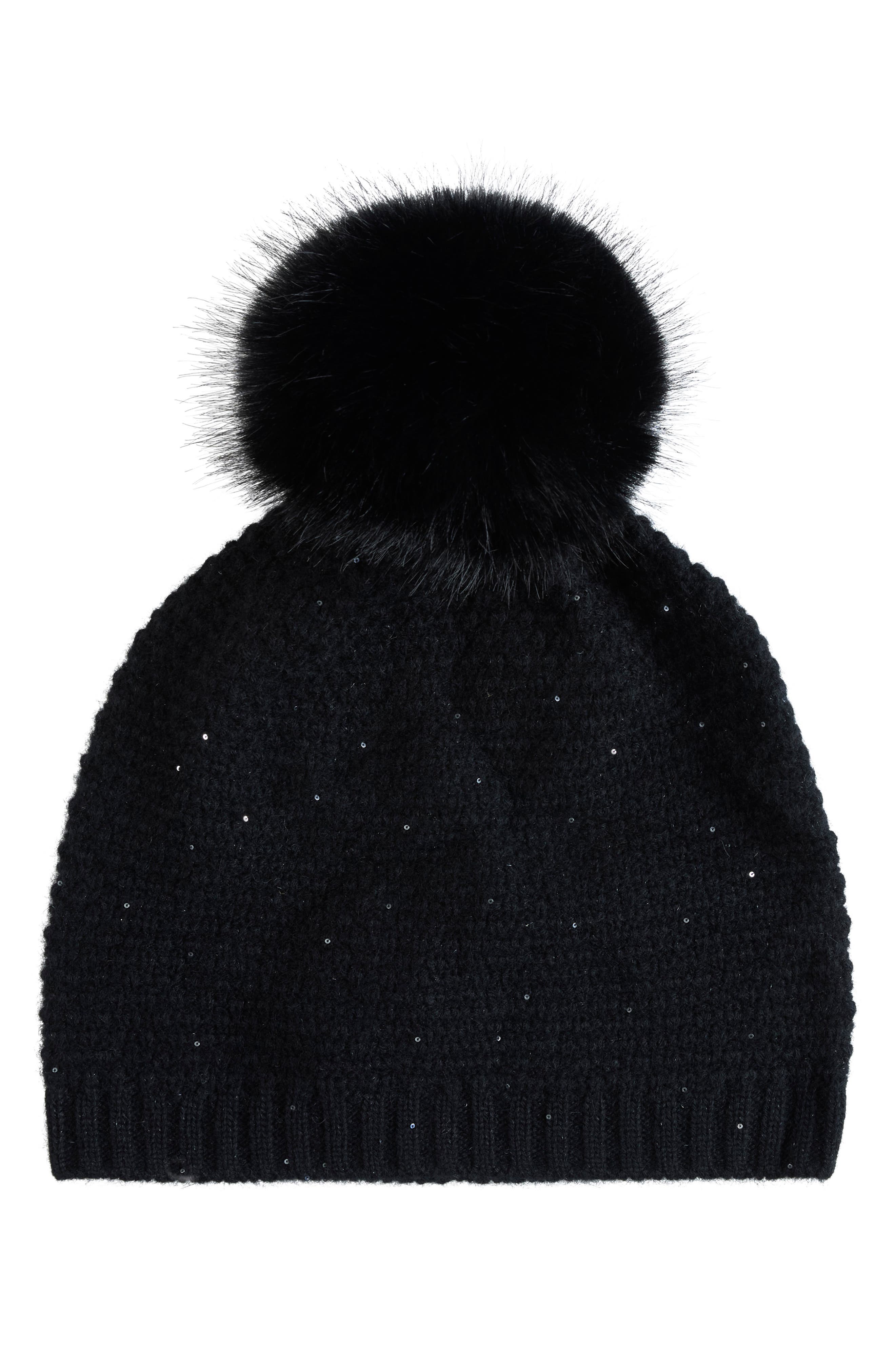 Cashmere Beanie with Faux Fur Pom
