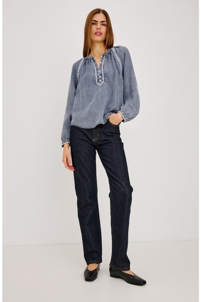 Tali Embroidered Split Neck Top, Alternate, color, BLUE RIDGE