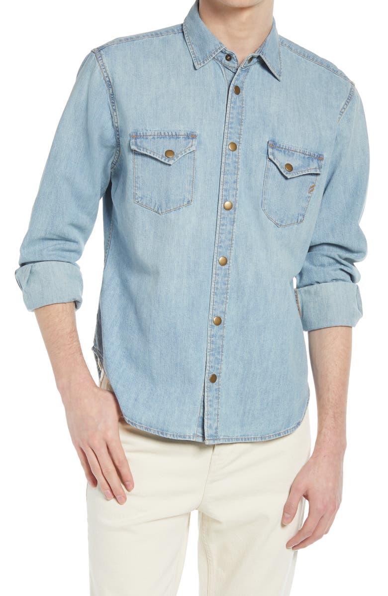 Billy Reid Distressed Denim Slim Fit Western Shirt, Main, color, Denim Wash