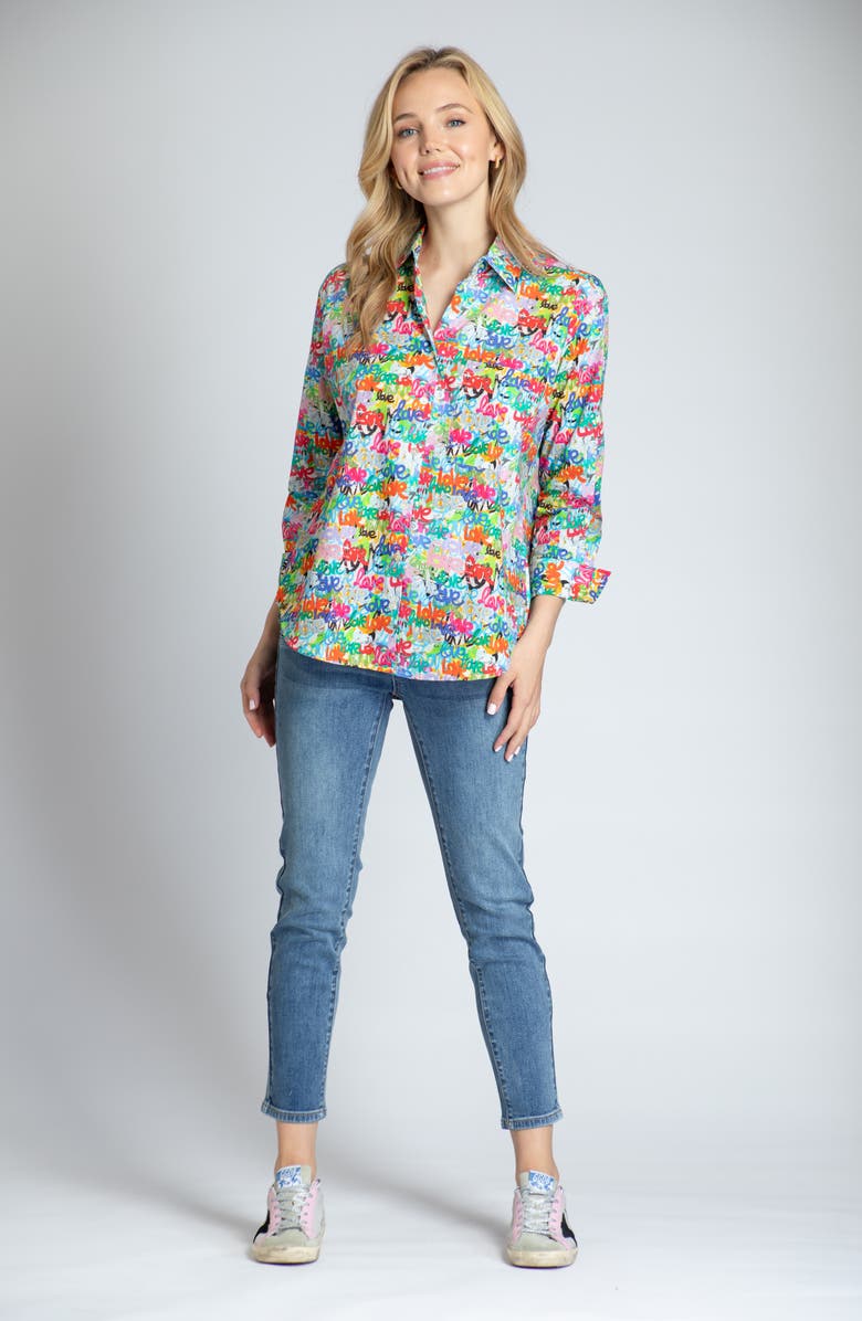 APNY Oversize Feather Print Button-Up Shirt, Alternate, color, White/Pink Multi