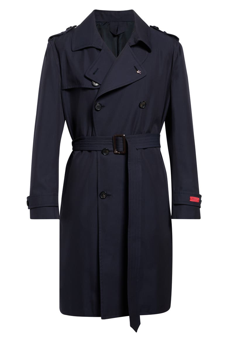 Cotton & Silk Double Breasted Trench Coat, Alternate, color, DARK BLUE