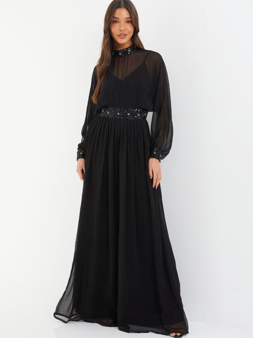 Quiz Chiffon Sequin Trim Evening Dress In Black