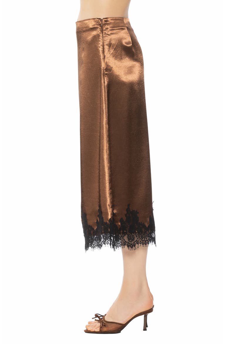 Serena Lace Trim Satin Midi Skirt, Alternate, color, BROWN
