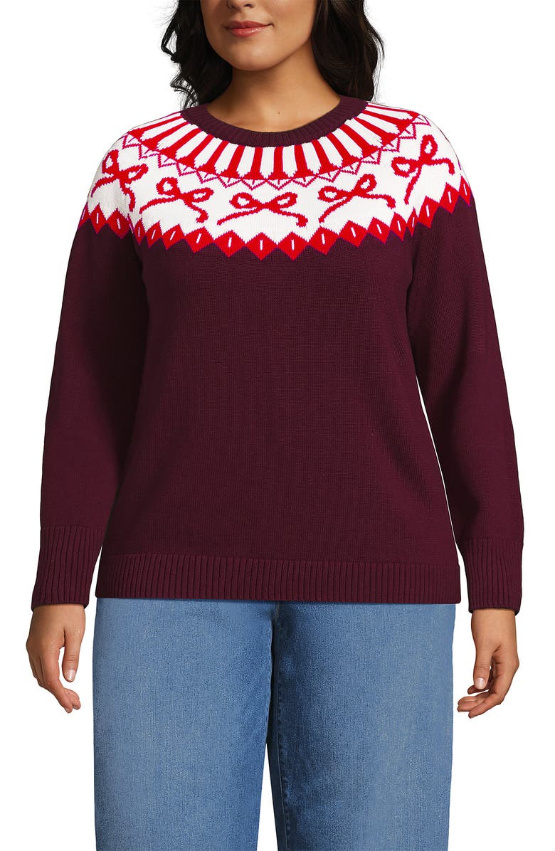 Lands' End Plus Size Drifter Raglan Pointelle Crew Neck Sweater, Main, color, Burgundy Bow Fairisle