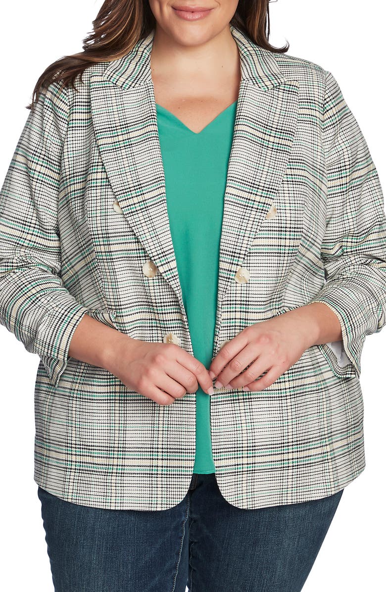 1.STATE Cassia Ruched Sleeve Plaid Blazer, Main, color, 