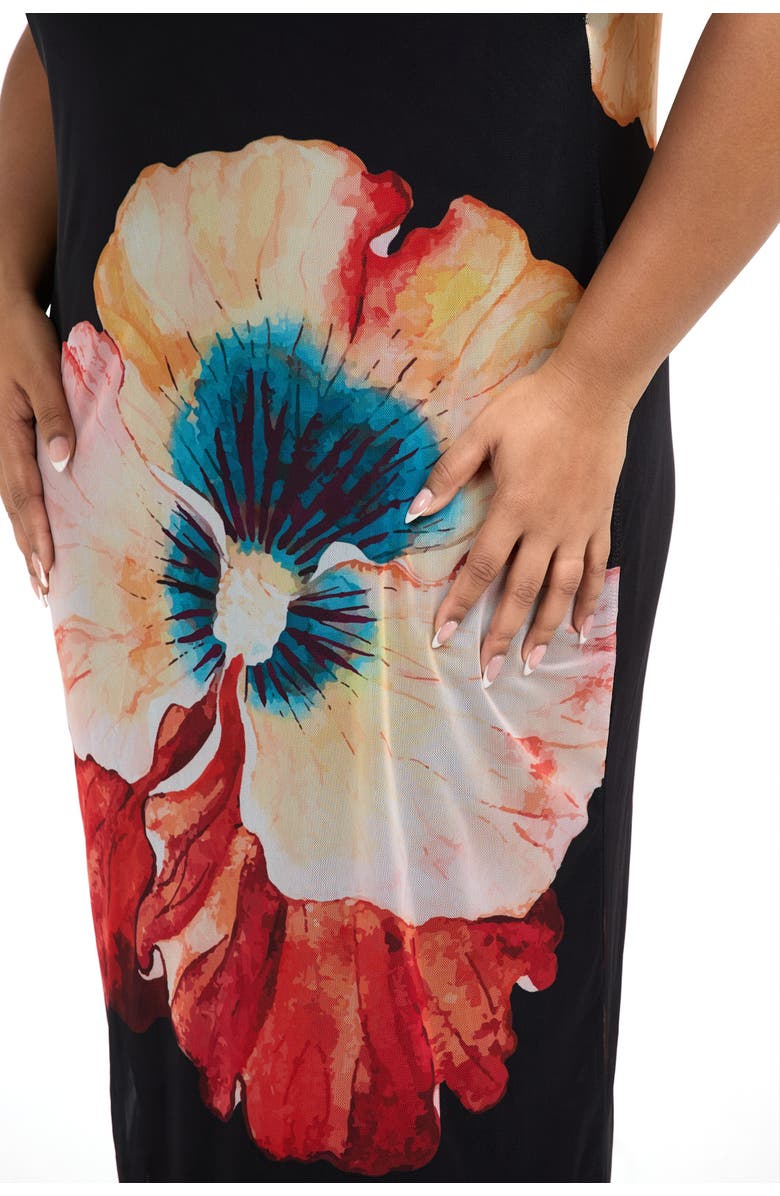 FASHION-SZN CURVE Strappy Floral Print Mesh Maxi Dress, Alternate, color, Black