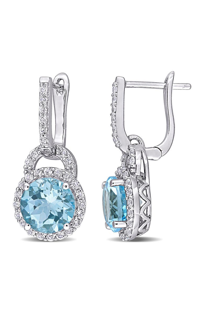DELMAR Sterling Silver Circle Cut Blue Topaz Halo Drop Earrings, Main, color, 