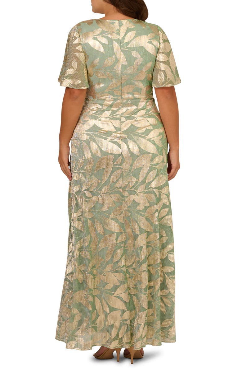 Adrianna Papell Metallic Leaf Jacquard Draped Gown, Alternate, color, Sage/ Gold