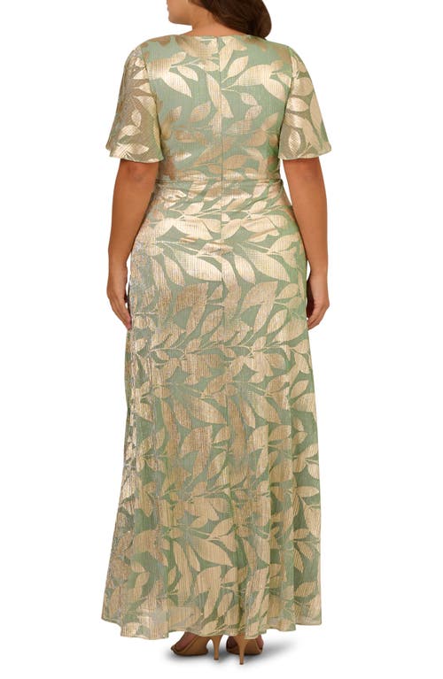 Adrianna Papell Metallic Leaf Jacquard Draped Gown In Green