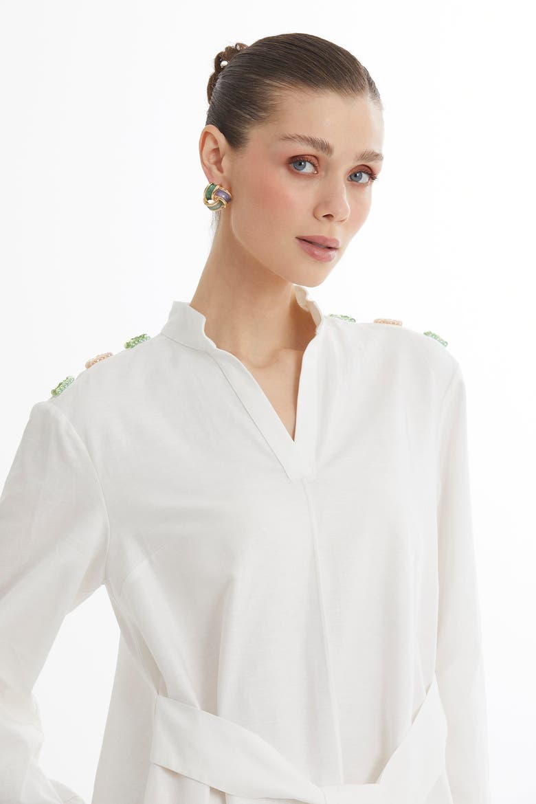 Ecru Bone Button Detail Midi Dress With Beaded Belt, Alternate, color, Beige